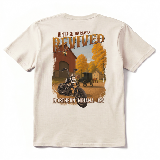 Vintage Harleys Revived Tee – Old School’s Garage

Features a full-back print.

Printed in Eau Claire, Wisconsin on a comfortable, durable cream tee.

Details:

Full-color back print: Old School’s Garage shopfront + Ironhead

Old School's Garage chest print

Full-back print: Northern Indiana Countryside

“Vintage Harleys Revived” in classic Western lettering